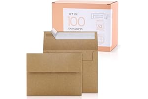 Sweetzer & Orange A2 Envelopes Brown Self Seal Paper Mailers (100 with Box). Luxury 150gsm for Greeting Card and Invitation H