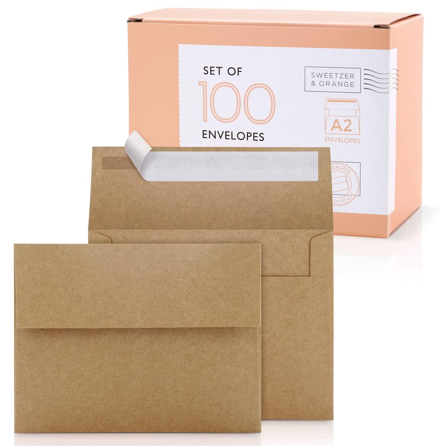 Sweetzer & Orange A2 Envelopes Brown Self Seal Paper Mailers (100 with Box). Luxury 150gsm for Greeting Card and Invitation Holders 4-3/8 x 5-3/4, Photos, Wedding, RSVP Cards Plain Mailing Inserts