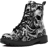 coolcustomize Custom Black Combat Boots for Women Fashion Lace-Up Skull Rose Ankle Booties Chunky Heel Platform Leather Boots