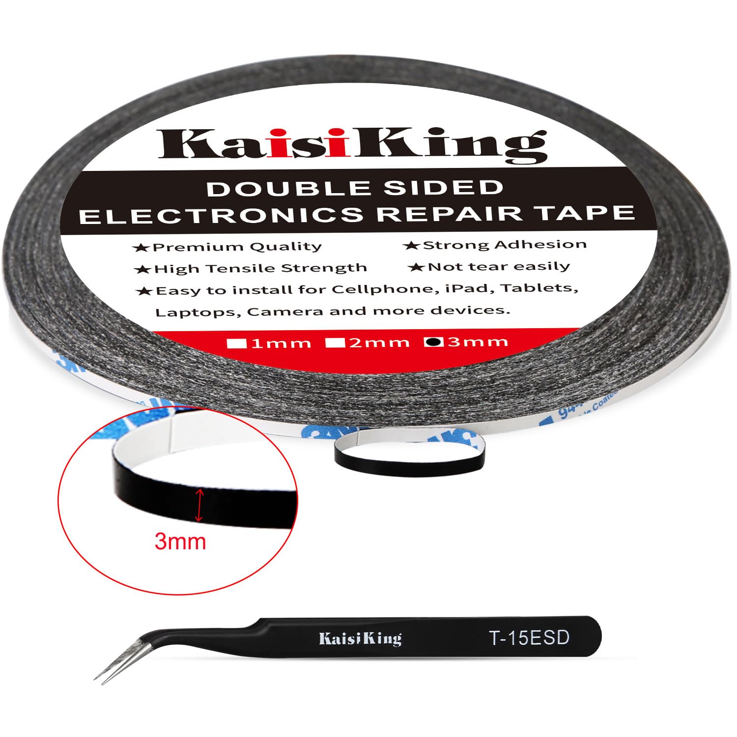 Kaisiking 2pcs 3mm x 50M LCD Repair Tape Phone Screen Adhesive Tape LCD Touch Screen Repair Tape with 1 Tweezers for Cell Phone, iPad, Tablets, Laptops, LCD Screen