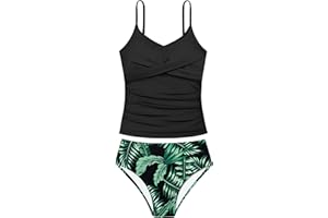 Aulyffo Girls Swimsuit 2 Piece Bathing Suit Criss Cross Ruched Girl Tankini Sets Printed Girls' Swimwear for 9-18 Years