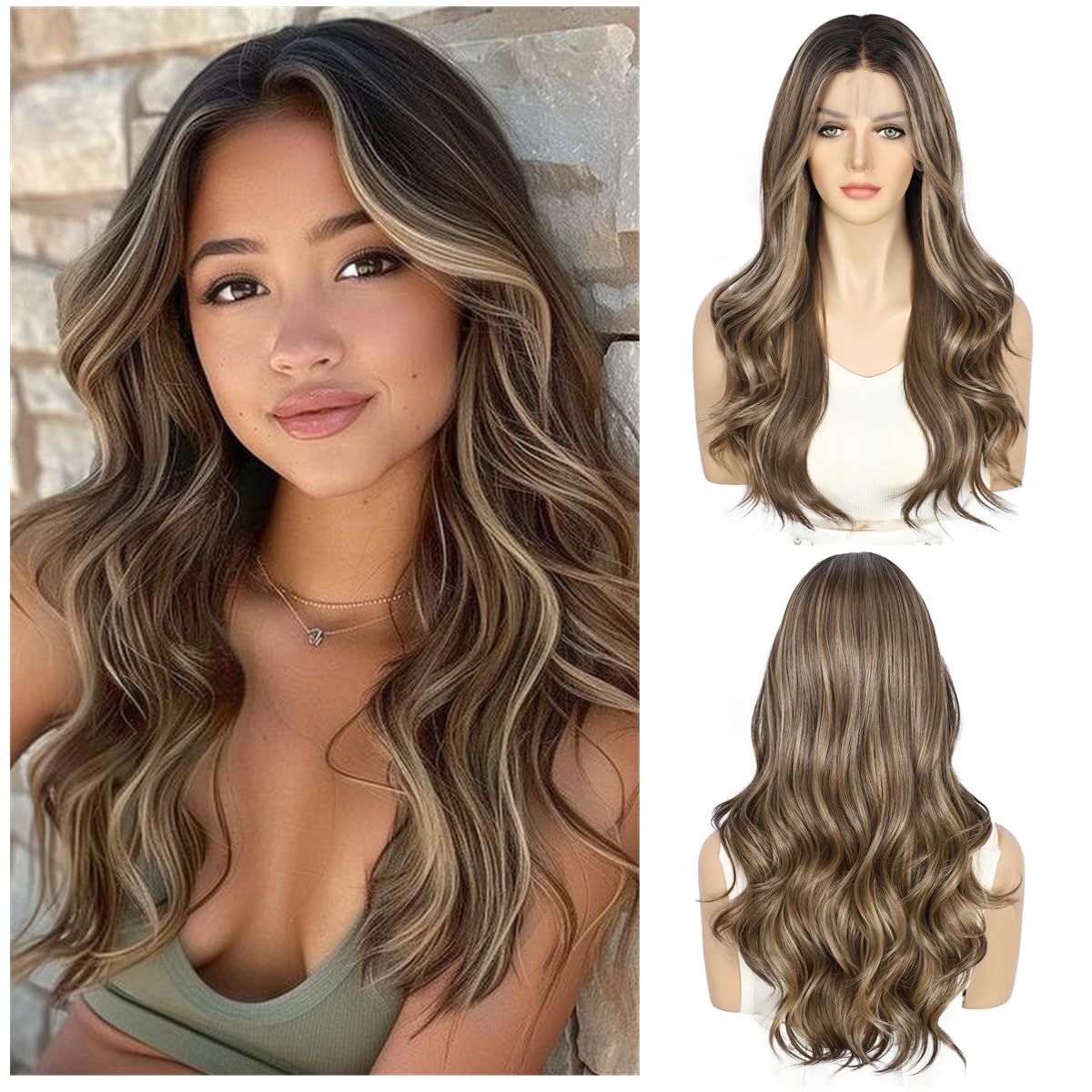 Sapphirewigs Brown Lace Front Wig 13x4 Highlight Synthetic Wigs Body Wave Brown Lace Front Hair Pre-plucked Daily Wear Party Date Christmas 22 inch
