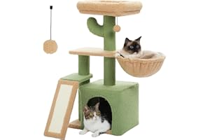 PETEPELA Cactus Cat Tree for Indoor Cats, 32'' Small Cat Tower Cat Condo with Sisal Scratching Ramp, Cozy Hammock and Removable Top Bed Perch for Kittens, Green