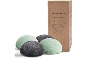 myHomeBody Natural Konjac Facial Sponges - for Gentle Face Cleansing and Exfoliation - with Activated Charcoal and Aloe Vera, Set of 4
