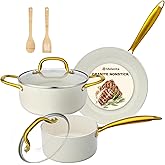 M MELENTA Pots and Pans Set Non Stick, 7 Piece White Granite Induction Cookware Set, Nonstick Kitchen Cooking Set with Gold Handle and Utensil, Oven Safe (PFOS, PFOA Free)