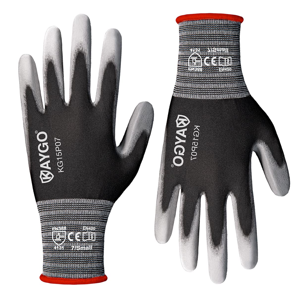 KAYGO Thin Work Gloves PU Coated 12 Pairs, KG15P, Nylon Liner with Flexible Polyurethane Coating Lightweight Safety Work Gloves for Precision Handling Work, DIY, Assembly, Warehouse (Black, S)