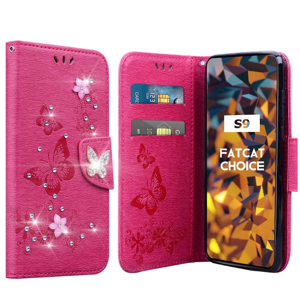 FatcatChoice Case for Samsung Galaxy S9, Bling Bling Case Sparkly Diamonds Gems Premium PU Leather Magnetic Flip Cover with Card Slots Holders Wallet Case Full Protection (Rose Red)
