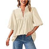 PRETTYGARDEN Women's 2026 Summer Short Lantern Sleeve Tops Loose Fit Button Down Shirt Pleated V Neck Blouses Trendy Clothes