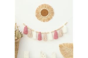 DCJHFJ Boho Yarn Tassel Garland Pink Banner with Wood Beads Wall Hanging for Baby Shower Kids Bedroom Nursey Decor