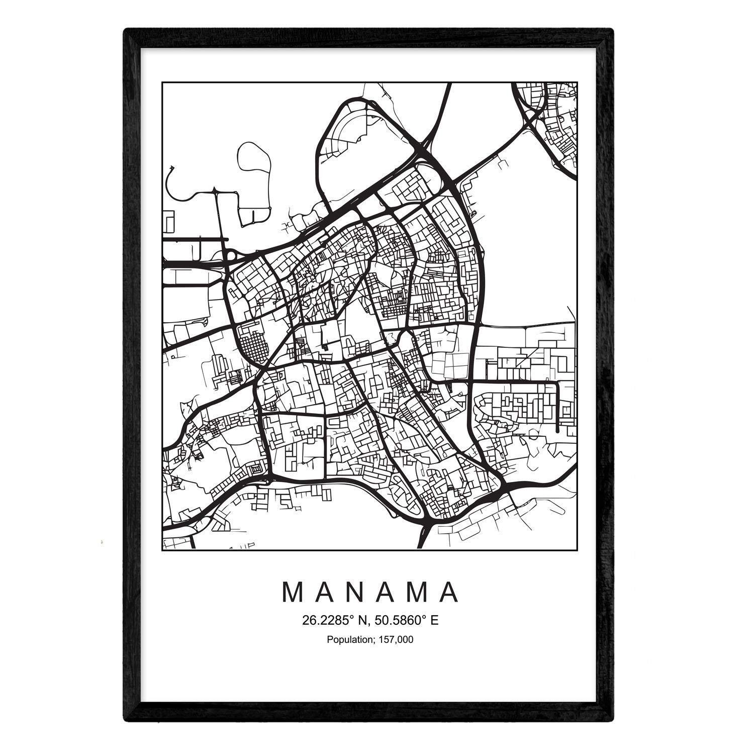 Print Manama city map Nordic style black and white. A3 size poster Printed paper No 250 gr. Paintings, prints and posters for living room and bedroom