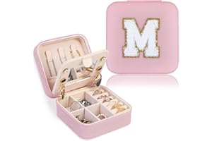 FUNARTY Mothers Day Gifts for Mom, Small Travel Jewelry Box, Travel Jewelry Case Organizer, Necklace Organizer Earring Organizer Box with Mirror, Pink Travel Essentials Initial M