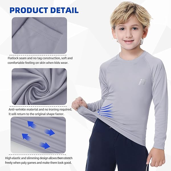 MEETWEE CHILDREN’S BASE LAYER BOYS LONG SLEEVE SHIRT QUICK DRY KIDS THERMAL LONG UNDERWEAR,UPF50+ BOY RASH GUARD SHIRTS
