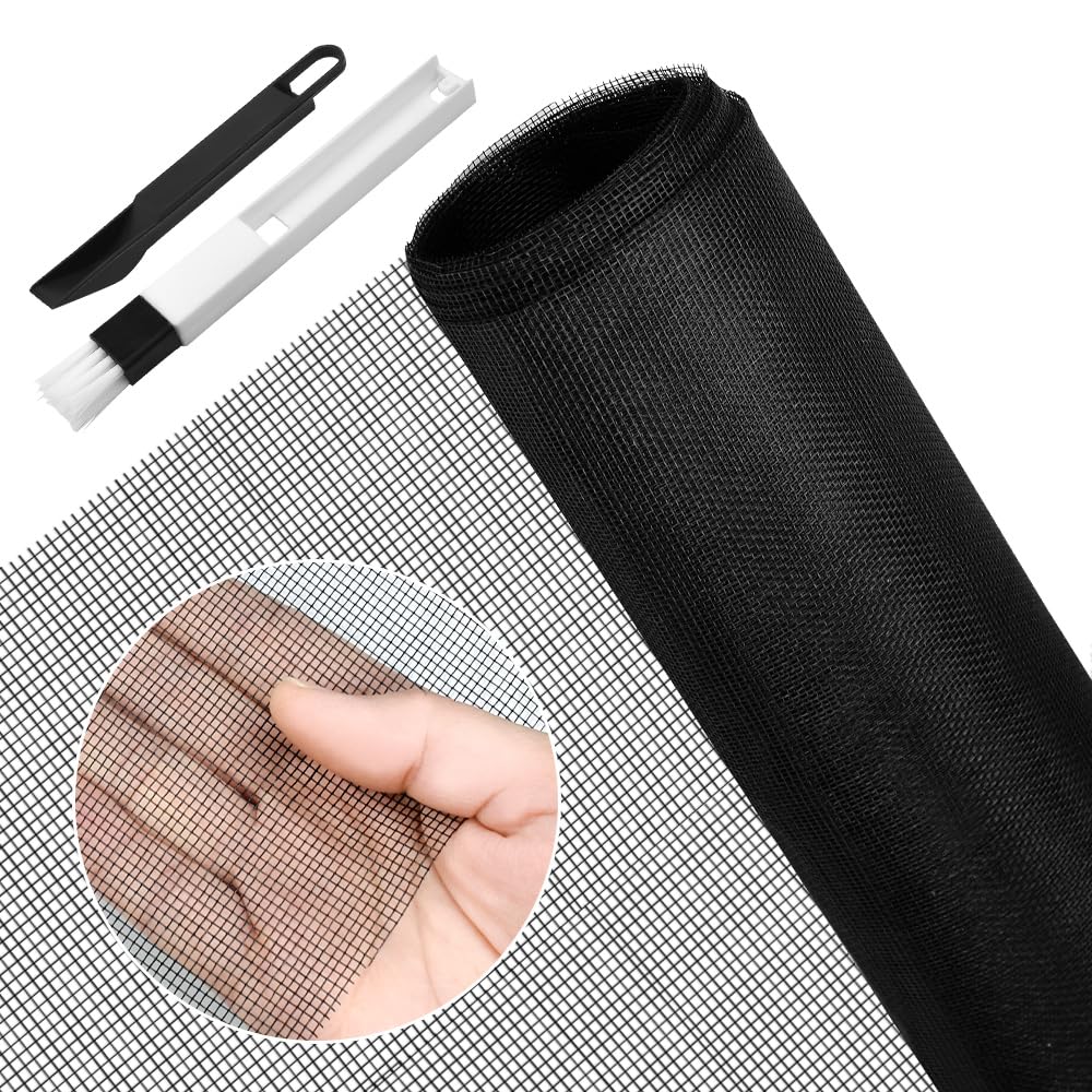 BUZIFU Window Screen Mesh 90 x 220 cm Fiberglass Screen Fly Screen Wire Mesh Insect Mesh Replacement Cuttable Mosquito Net Pet Screen with Cleaning Brush for Windows Doors Patio, Cat-Proof, Black