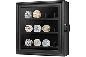 MLIKERO Championship Ring Display Case, 12 Ring Posts Baseball Ring Holder, Wall Mount Wooden Shadow Box for Multiple Championship Rings