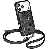 LUCKYCOIN Crossbody Wallet Phone Case for iPhone 17 Pro, Genuine Phone Case with Expandable Wallet Card Holder & Adjustable Removable Crossbody Strap, Phone Purse with Card Slot - Pebble Black