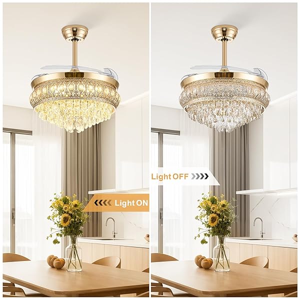 STYLORAVIVE 42″ FANDELIER CEILING FAN WITH LIGHT, CRYSTAL RETRACTABLE CEILING FAN WITH LIGHTS AND REMOTE, CHANDELIER FANS FOR BEDROOM LIVING ROOM, REVERSIBLE DC MOTOR, DIMMABLE, 6 SPEEDS -GOLD