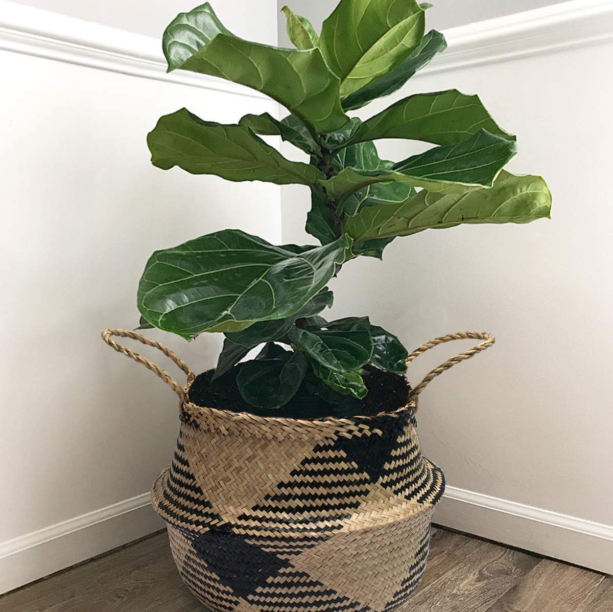 7WUNDERBAR Seagrass Basket Flower Pot Straw Flower Basket Laundry Basket Foldable Storage Basket Large with Handle for Children's Room Bathroom (D#38 cm x 34 cm)
