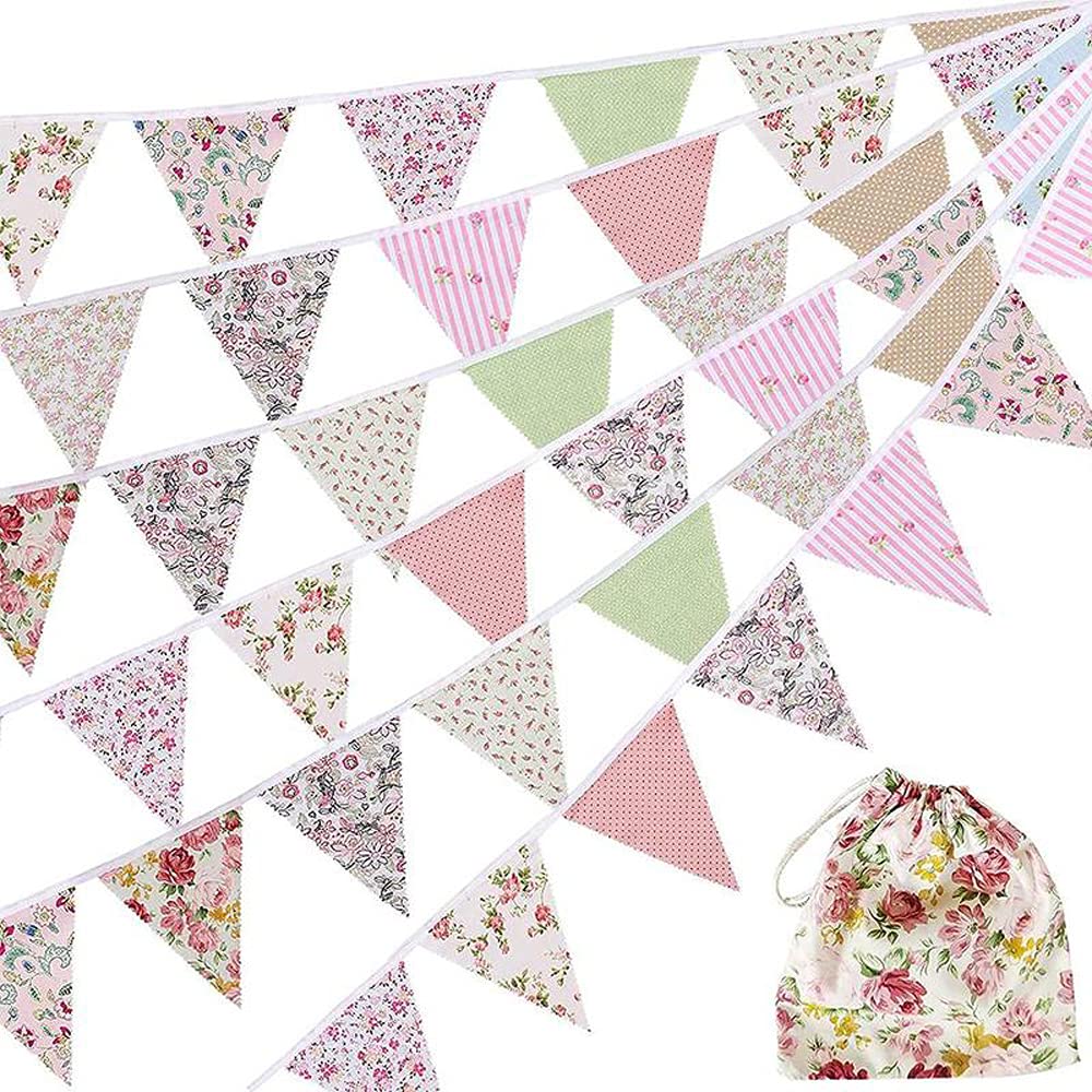 Pppby 40ft Fabric Bunting Banner Vintage Bunting Flag Garden Bunting, 42 pcs Floral Pennants Triangle Flags Cloth Garland for Garden Wedding Baby Shower Birthday Parties, Pink, M