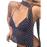 Women Polka Dot Camisole Top Y2k Halter Neck Backless Cami Tank Top Sexy Coquette Going Out Crop Tops with Scarf
