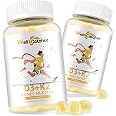 Wellcatcher Vitamin D3 K2 Gummies - Vitamin D3 5000IU K2 (MK-7) 120mcg Supplements with Vitamin B Complex Sugar Free for Adults Kids Supports Bone Teeth Strength Immune Mango Flavor 60 Counts 2 Packs
