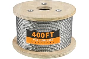 UYENSEOY 1/4" Stainless Steel Cable, 400FT Wire Rope, 7X19 Strands Aircraft Cable, 6400lbs Breaking Strength, for Zipline, Outdoor, Deck Railing, Heavy Duty Applications, Hanging
