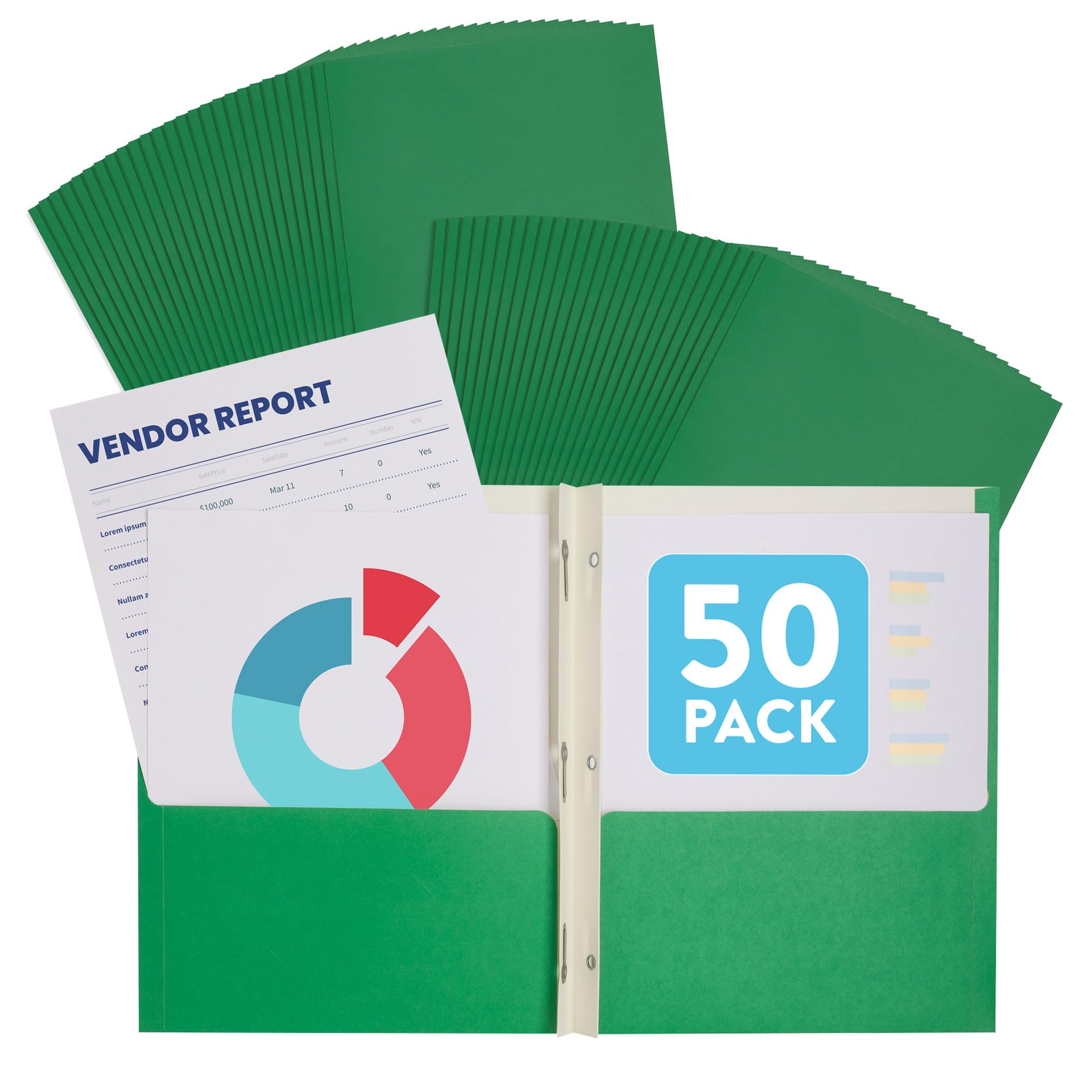 Photo 1 of Green Folders with Pockets and Prongs, Green Pocket Folders with Prongs, Brad Folder, Paper, Fit Standard 3 Hole Punch Paper, 50 Pack