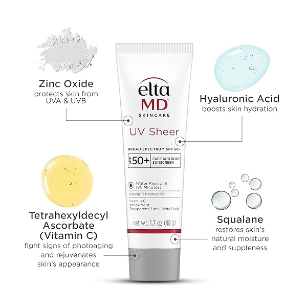 ELTAMD UV SHEER FACE AND BODY SUNSCREEN SPF 50+, OIL FREE, NO WHITE CAST SUNSCREEN FOR FACE AND BODY, ZINC OXIDE FORMULA, 1.7 OZ TUBE