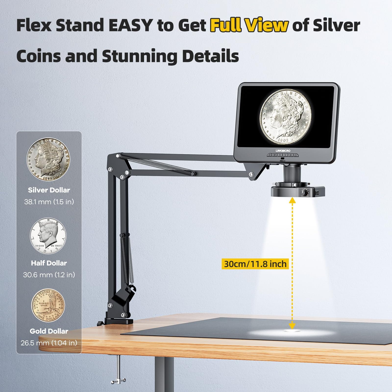 LINKMICRO LM109A 10.1'' LCD Digital Microscope with Screen for Adults, Soldering Electronics Microscope [Flex Arm Stand] 260X Full View Error Coins Camera Magnifier with 56 LED Ring Light, PC View