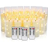 CAKETYCG 24 Pcs LED Flameless Candles with Remote, 3D Flickering Flame & LED String Lights, Acrylic Clear Cylinder, Timer Function, Romantic Ambience for Home Decor, Party, Wedding.