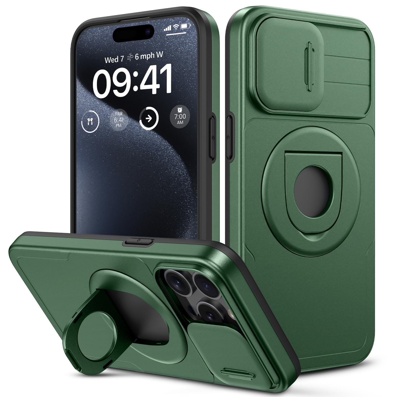 VEGO Phone Case for iPhone 15 Pro Max, with Slide Camera Protector & 360° Kickstand Dual Layer Drop Protection Shockproof Protective Cover for iPhone 15 Promax 6.7-Green