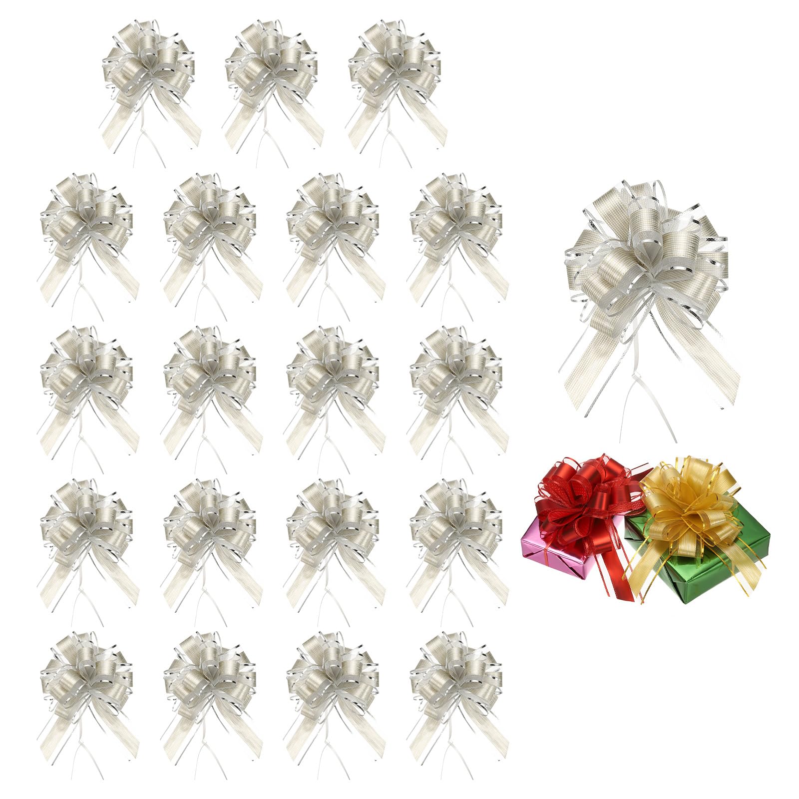 PATIKIL 20 Pcs Large Pull Bow Gift Wrapping, 9 Inch Ribbon Organza Metallic Silver Bows for Gift Wrapping Wedding Baskets Car