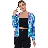 Allegra K Holographic Jackets for Women's Hooded Long Sleeve Zipper Christmas Metallic Jacket
