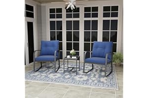 Temminkii Bistro 3 Piece Patio Furniture Set, Patio Table and Rattan Outdoor Rocking Chairs Set of 2, Outdoor Bistro Conversation Set for Garden, Balcony, Poolside, Backyard, Blue