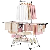 APEXCHASER Clothes Drying Rack with High Hanger, 3-Level Drying Racks | Foldable Laundry Stand with Adjustable Wings,Shoe Rack, Crossbar, Silver