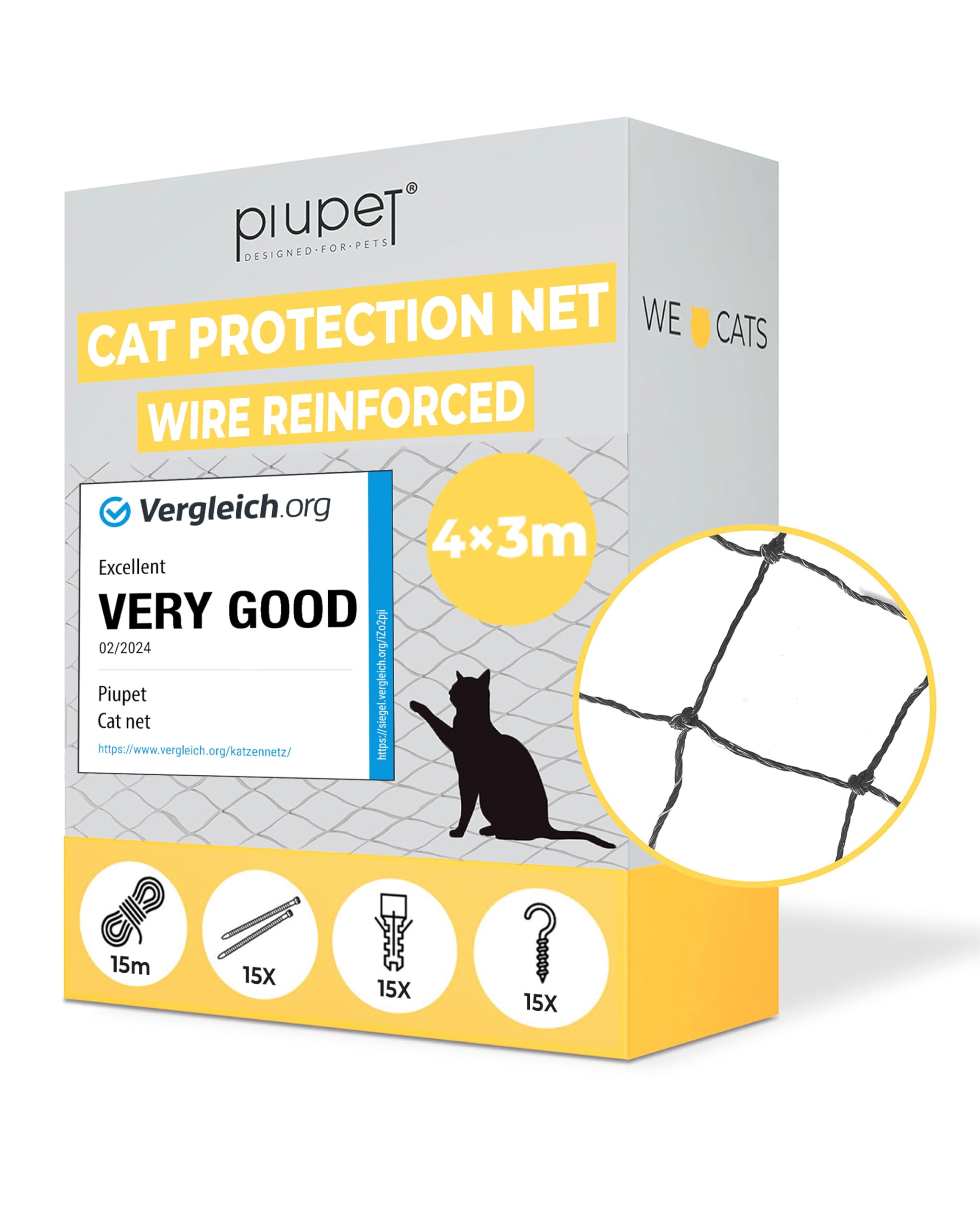 PiuPet® Cat Net Wire-Reinforced I 4x3m I Black I Included Fastening Set I Netting for Balcony and Window I Balcony Netting for Cats | Ideal for Catio Cat Outdoor Enclosures and Cat Window Guard