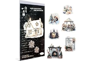 Dwpetzo Precut Winter Stickers Scrap Book for Junk Journaling, Snow Scenery with Quotes and Frames, Dual Washi and PET Materials Decorative Scrapbooking Supplies,18 Sheets