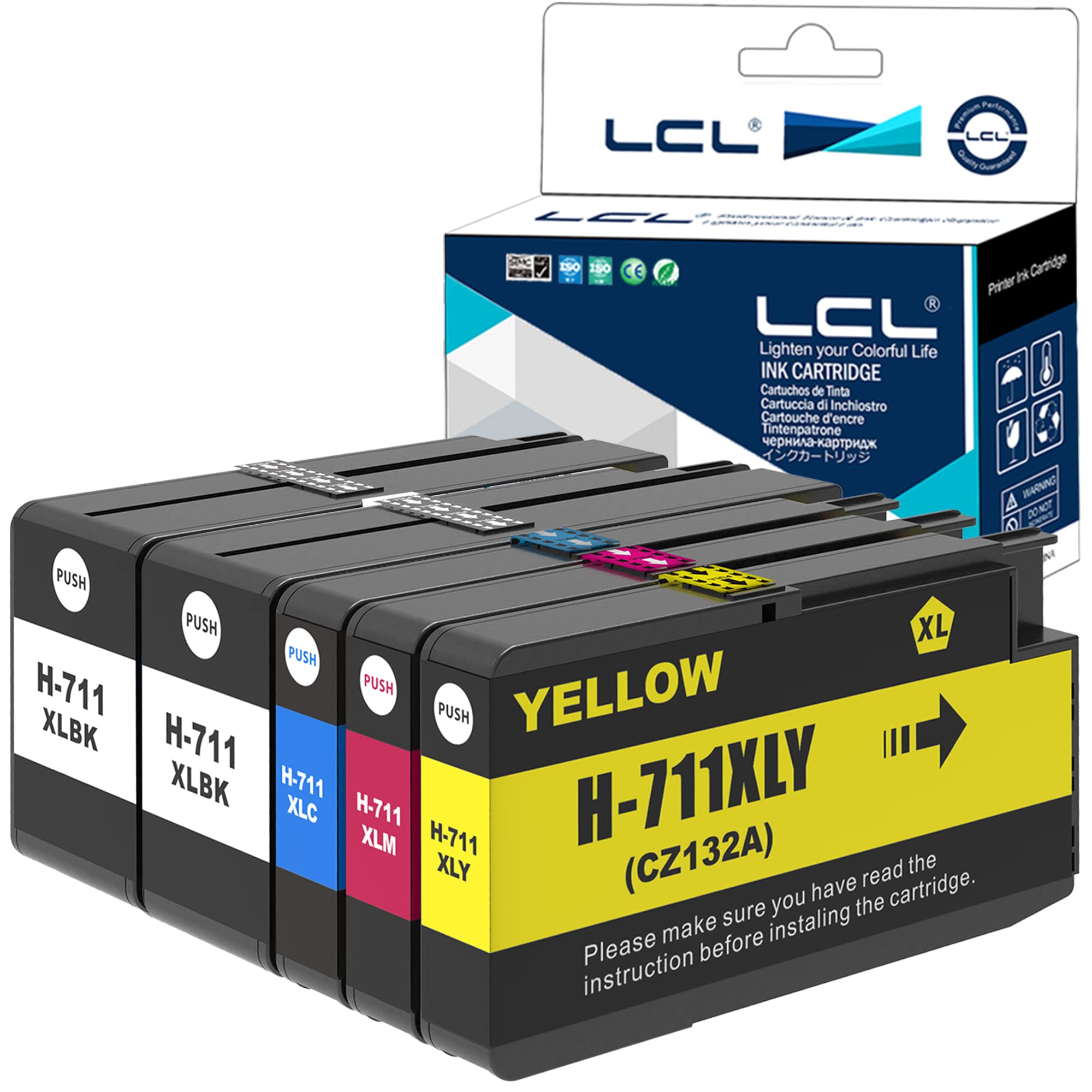 LCL 711XL High Yield Ink Cartridge Replacement for HP 711XL 711 XL Compatible with HP Designjet T120 24/T120 610/T520 24/T520 36/T520 610 T520 914 /T125 24 T530 T130 T525 (5PK, 2KCMY)