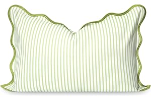 Hofdeco Premium Coastal Patio Indoor Outdoor Scalloped Lumbar Pillow Cover Only, 12"x20" Water Repellent for Backyard, Couch, Green Print Stripes