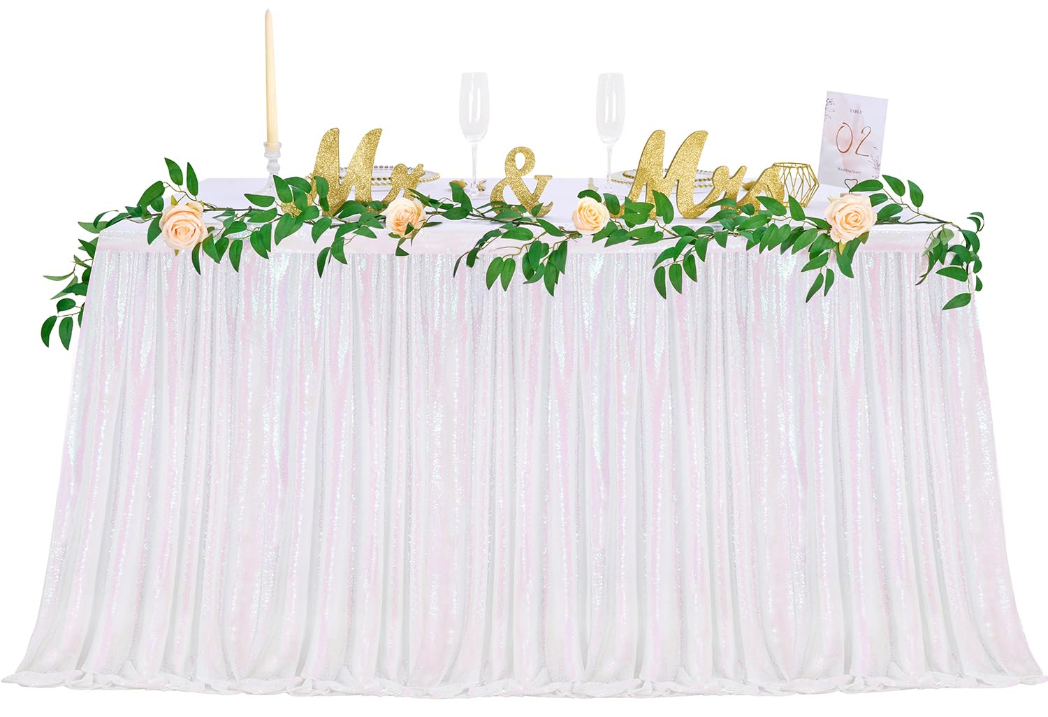 White Iridescent Sequin Table Skirt for Rectangle