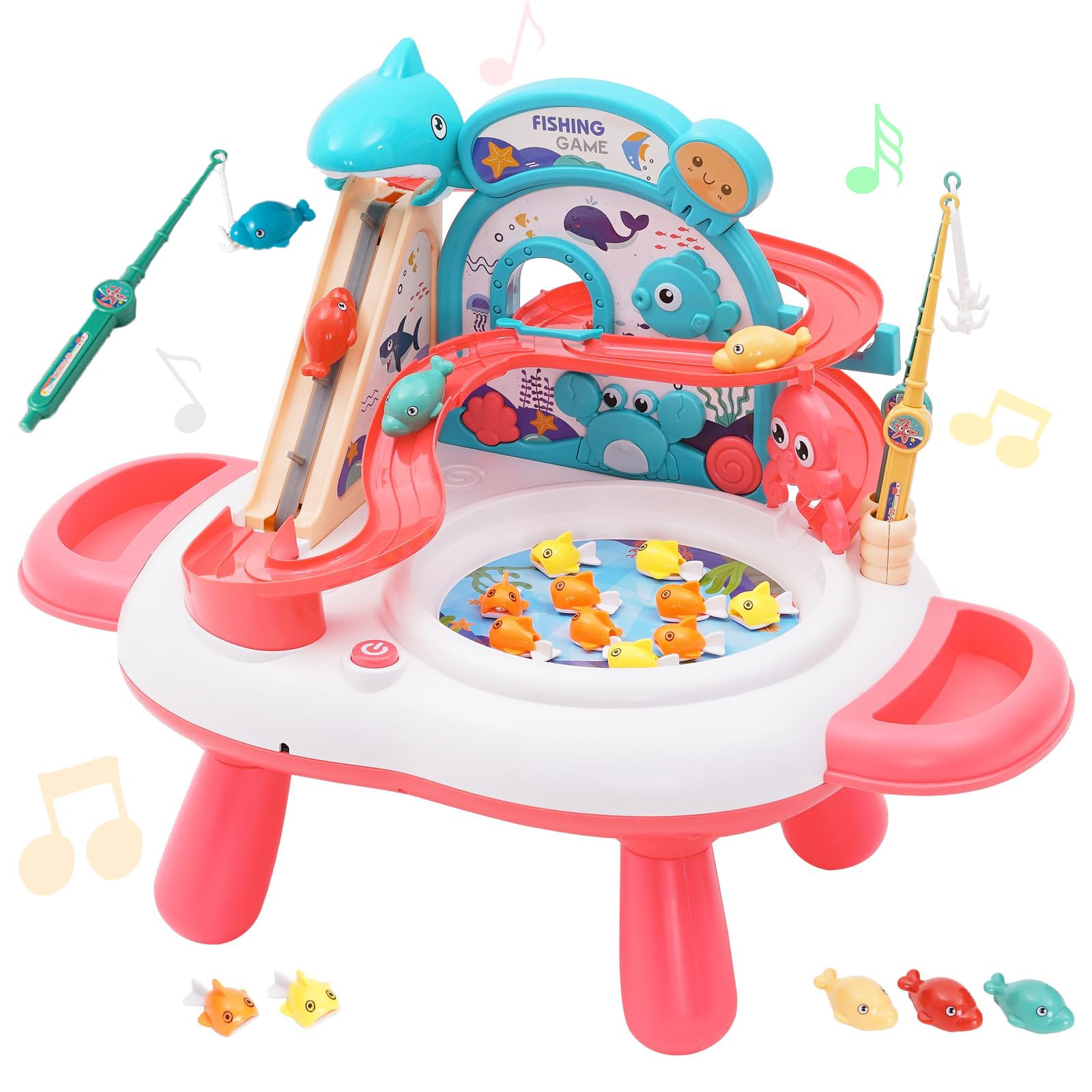 3 in 1 Kid Fishing Game Table with Race Track, Musical Fishing Toy Playset with Simulated Pond, 10 Fish, 3 Dolphins & 2 Fishing Rods, Educational Toddler Sensory Toy for Boys Girls Ages 3+ (Pink)