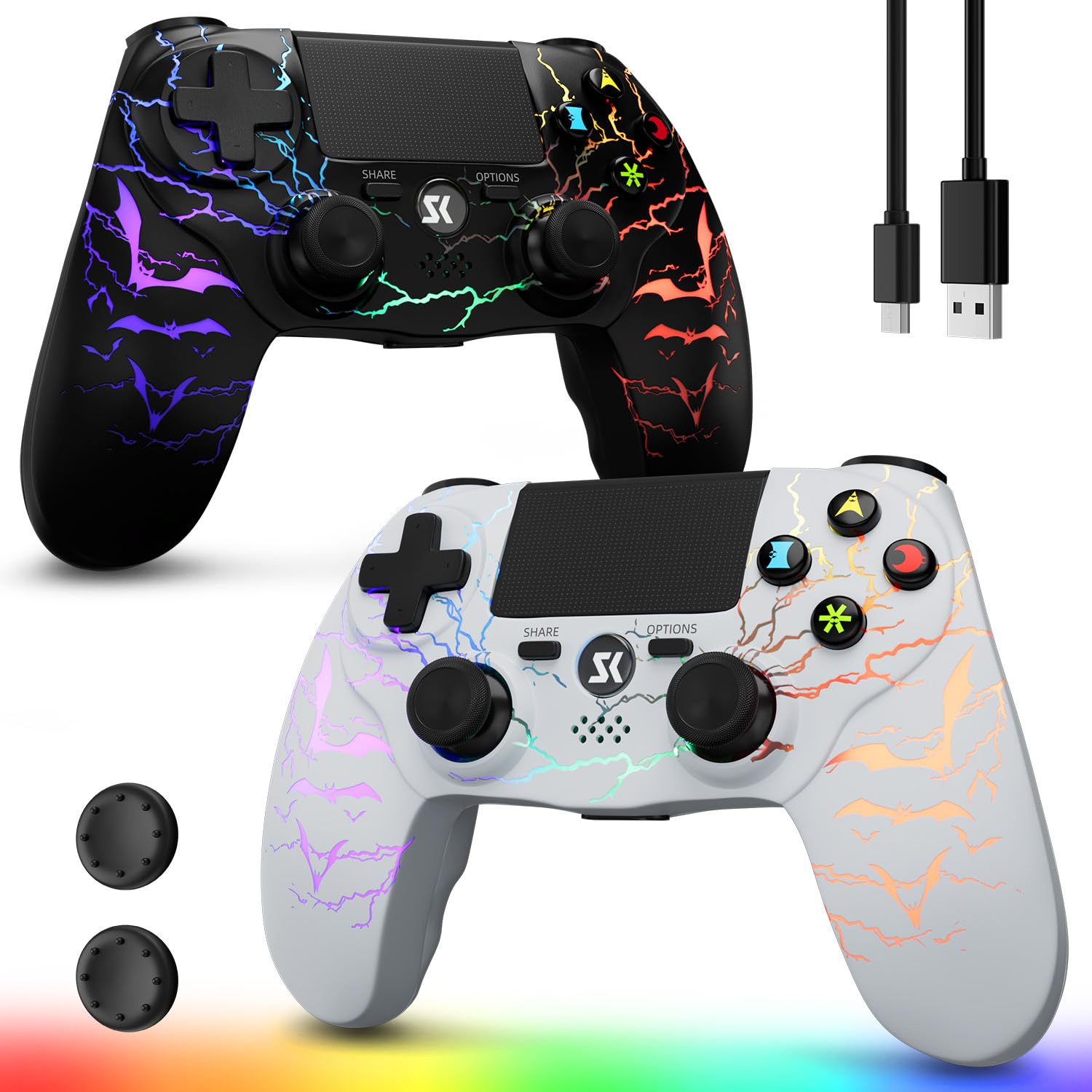CHENGDAO 2er-Pack Kabelloser Controller für PS4, Multi-Plattform Controller kompatibel mit PS4/Pro/Slim/PC/iOS/Android/MacOS 3,5-mm-Audio-Buchse/empfindlichem Touchpad (Schwarz & Weiß)