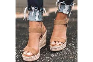FULULUER Wedge Sandals for Women,Espadrille Sandals Women Dressy Summer Platform Ankle Buckle Sandals Summer Beach Sandals Open Toe Wide Widge Sanddals Orthopedic Wide Width Sandals for Women (I-Brown, 6.5-7)