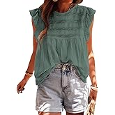 PRETTYGARDEN Women's Summer Cute Tank Top Crewneck Ruffle Sleeveless Hollow Out Eyelet Lace Spring Blouse Shirts
