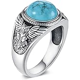 Men's Owl Ring Sterling Silver, Round with Natural Gemstone (Black Onyx, Turquoise, Amber, Tiger Eye, Lapis Lazuli), Vintage Punk Jewelry Gift for Him