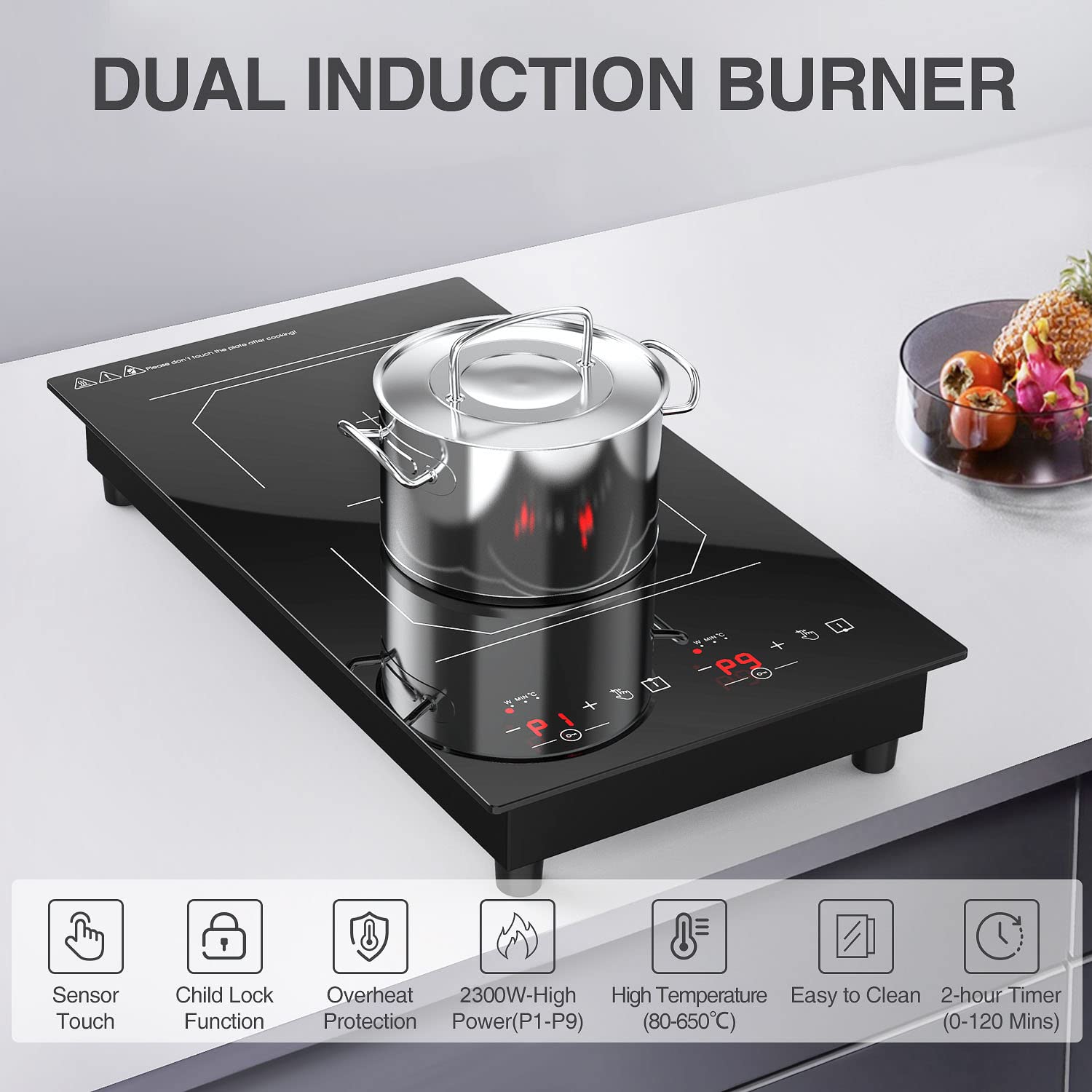 2 Burner Induction Cooktop, 12 Inch Portable Electric Stove Top 110V Built-in - 2300W Double Cooktop with 9 Temp Settings & Timer, Perfect for RV, Dorm, Camping & Small Kitchens