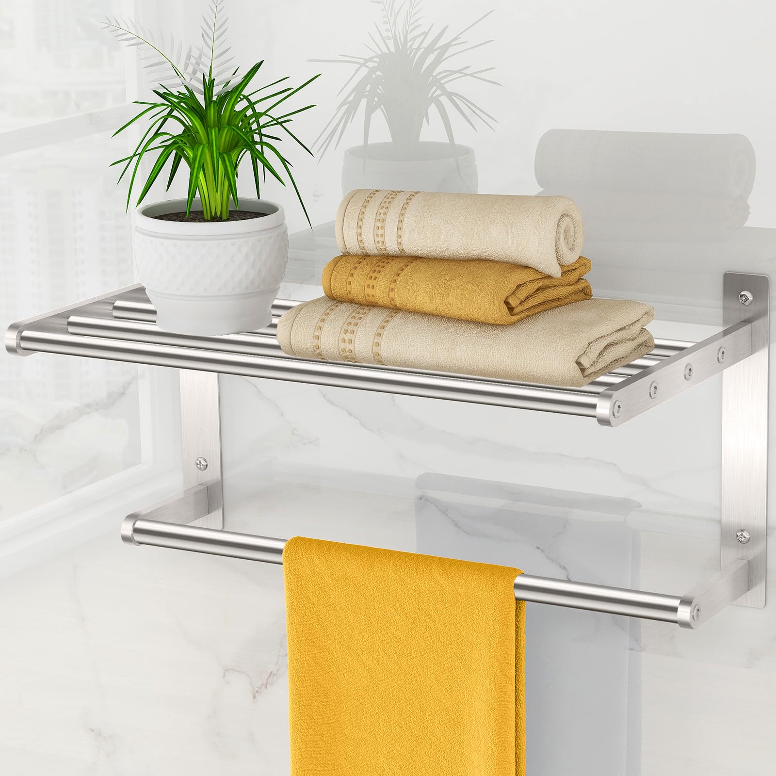 Photo 1 of Towel Rack with Shelf 16", Metal Towel Racks for Bathroom Wall Mounted, Bathroom Shelf with Towel Bar Rustproof Bath Towel Holder Towel Rod Lavatory Bath Accessories - Brushed Nickel