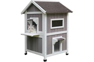 HiCaptain Outdoor Cat House for Feral Cats, Weatherproof Outside Cat Shelter Wooden 2 Story Large Kitty House with Escape Door
