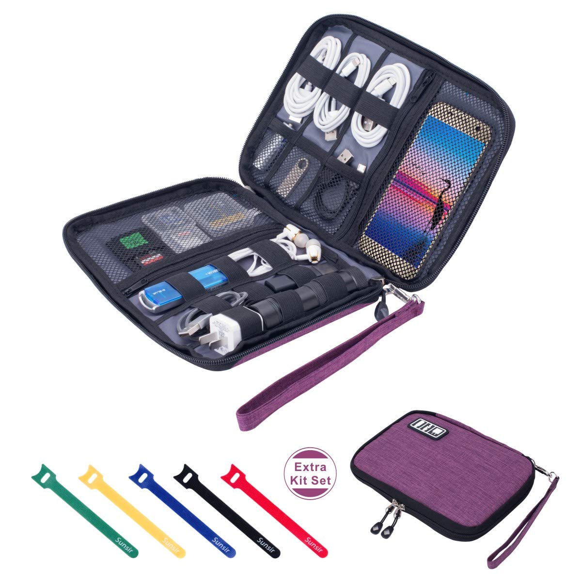 Sunsir Purple Waterproof Nylon Travel Cable Organizer Bag with 12 Elastic Loops, 5pcs Cable Ties, Double Zipper Opening, Fits Briefcase, Backpack & Luggage