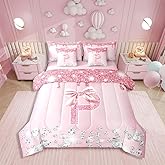 Erosebridal Pink Bowknot Comforter Sets with Sheets, Personalized Initial P Bedding Set Twin for Boys Girls Princess Bow Diamond Printed 7Pcs Bed in A Bag Coquette Girly Alphabet Bed Set