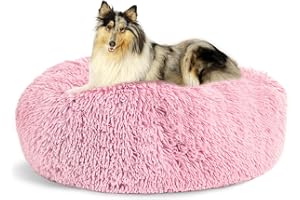 Lasaas Calming Dog Bed Donut Dog Bed for Small, Medium, Large Dogs Anti-Anxiety Cuddler Dog Bed & Cat Bed Faux Fur Washable Dog Bed Pink L 36''